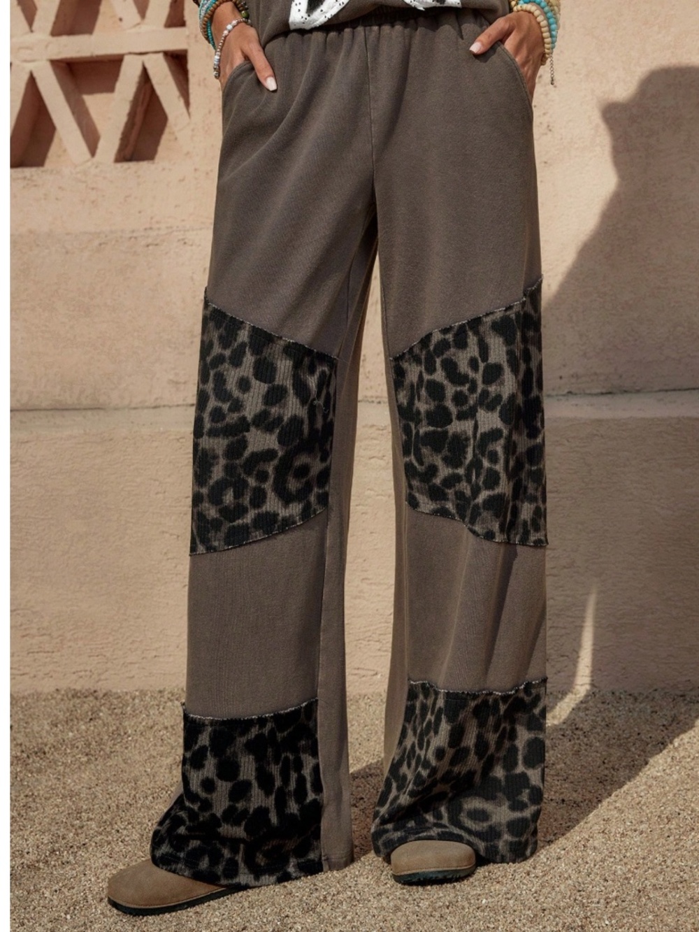 Mineral wash Mid Waist Leopard Print Pockets Wide leg Pants